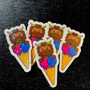 6 holographic Cow Ice cream cone stickers